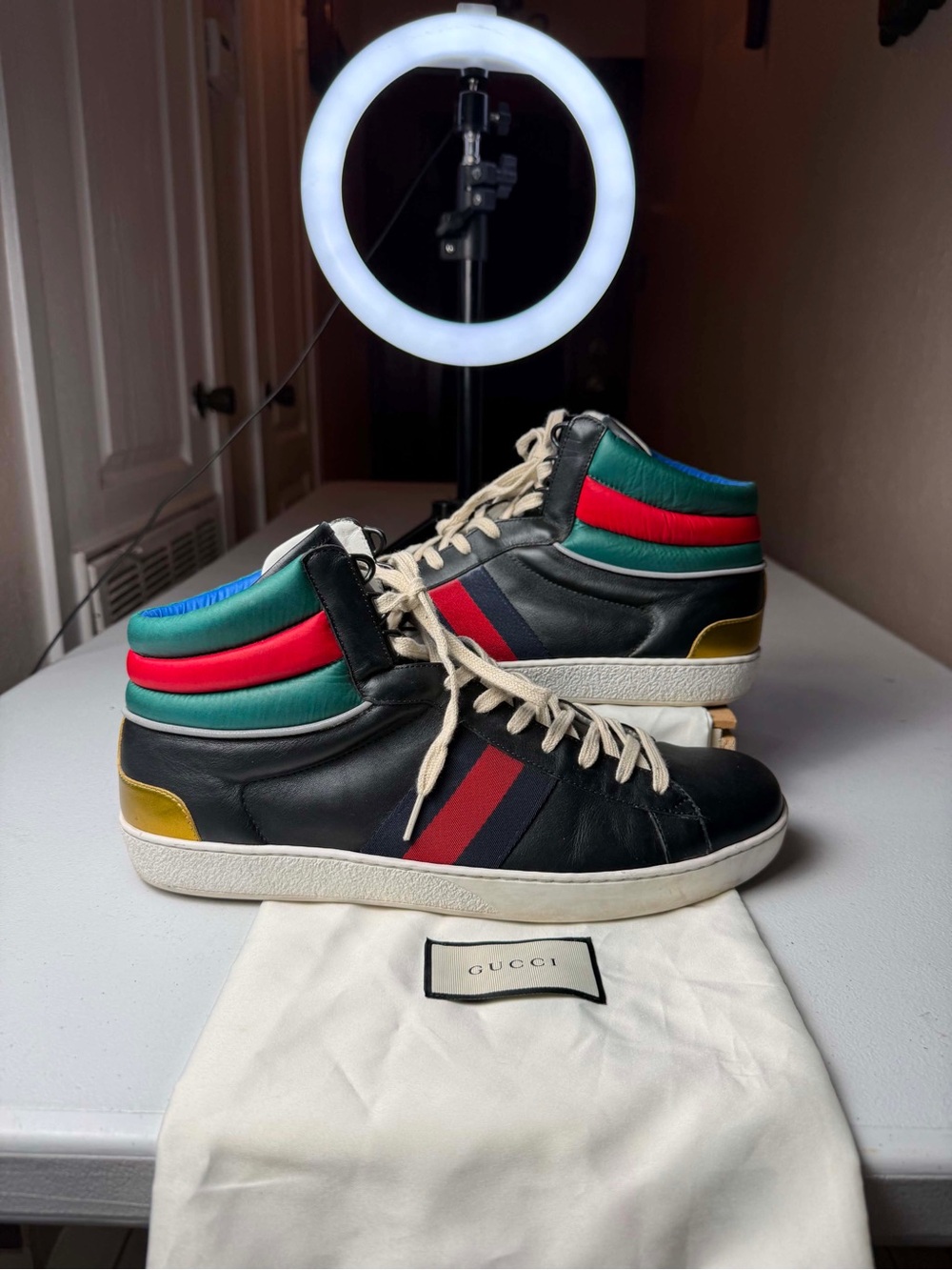 Clean Nice Condition Gucci Ace Stripe High Black Sz 11G / US 12